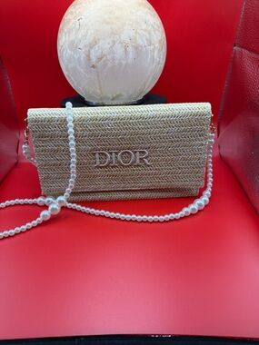 Dior Natural Straw Clutch with Pearl Chain
